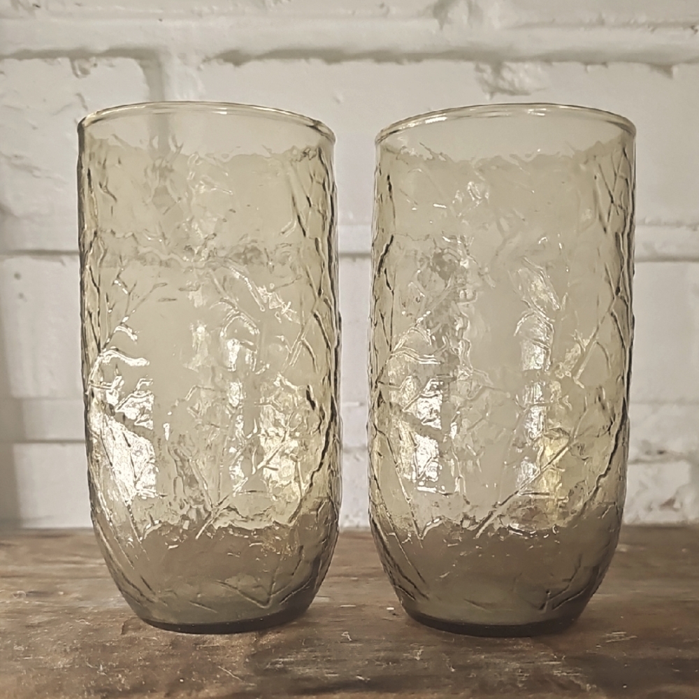 2 Vintage Anchor Hocking USA Brown Leaf Tumbler Glasses (5")